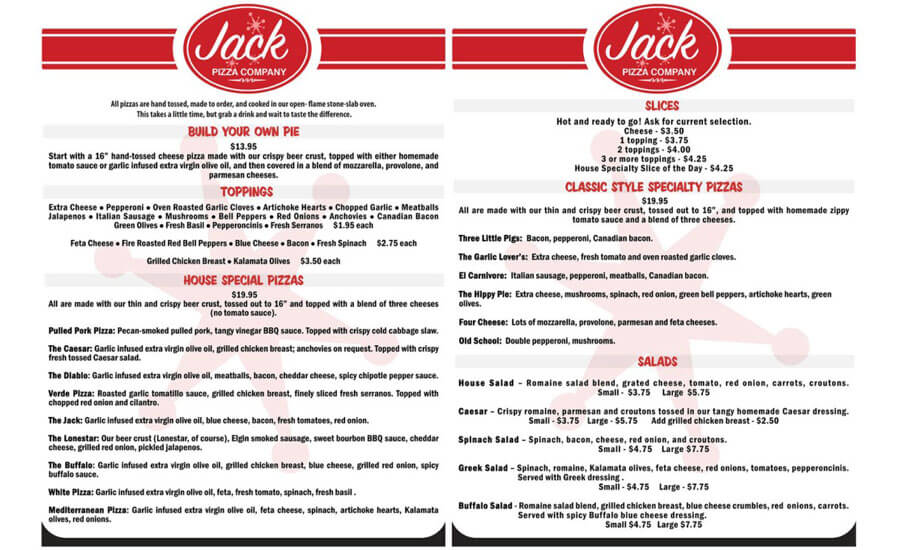 Jack Pizza Menu